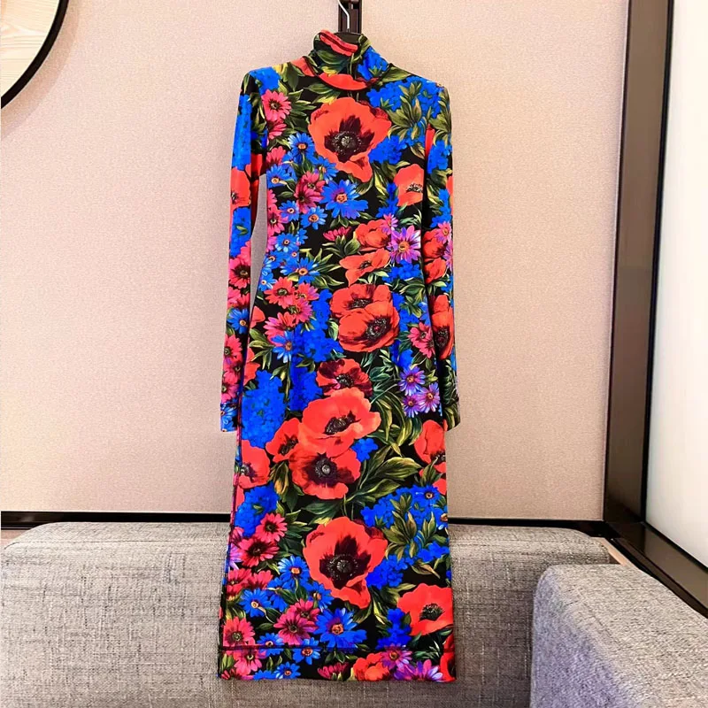 High Quality Women's Dress Floral Print Mid Length Slim Fit Package Hip Elegant Casual Vacation High Neck Long Sleeve Dress