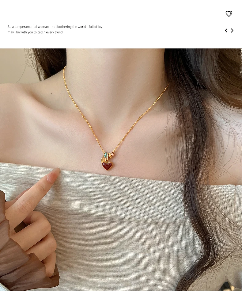 Doppelseitiger herzförmiger Anhänger aus Emaille in Rot, vergoldet, 18 Karat, mit Kette für Damen, süßer Schmuck, Schlüsselbeinkette – Detail 5
