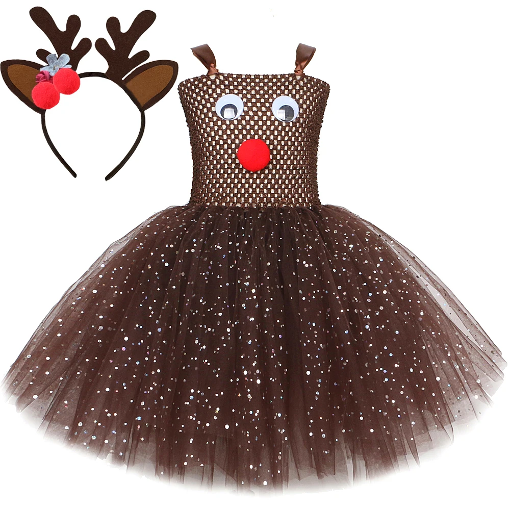 

Блестящее красное оформление для девочек, платье-пачка с рождественским оленем, детский наряд для нового года, карнавала, вечеринки, одежда Rudolph