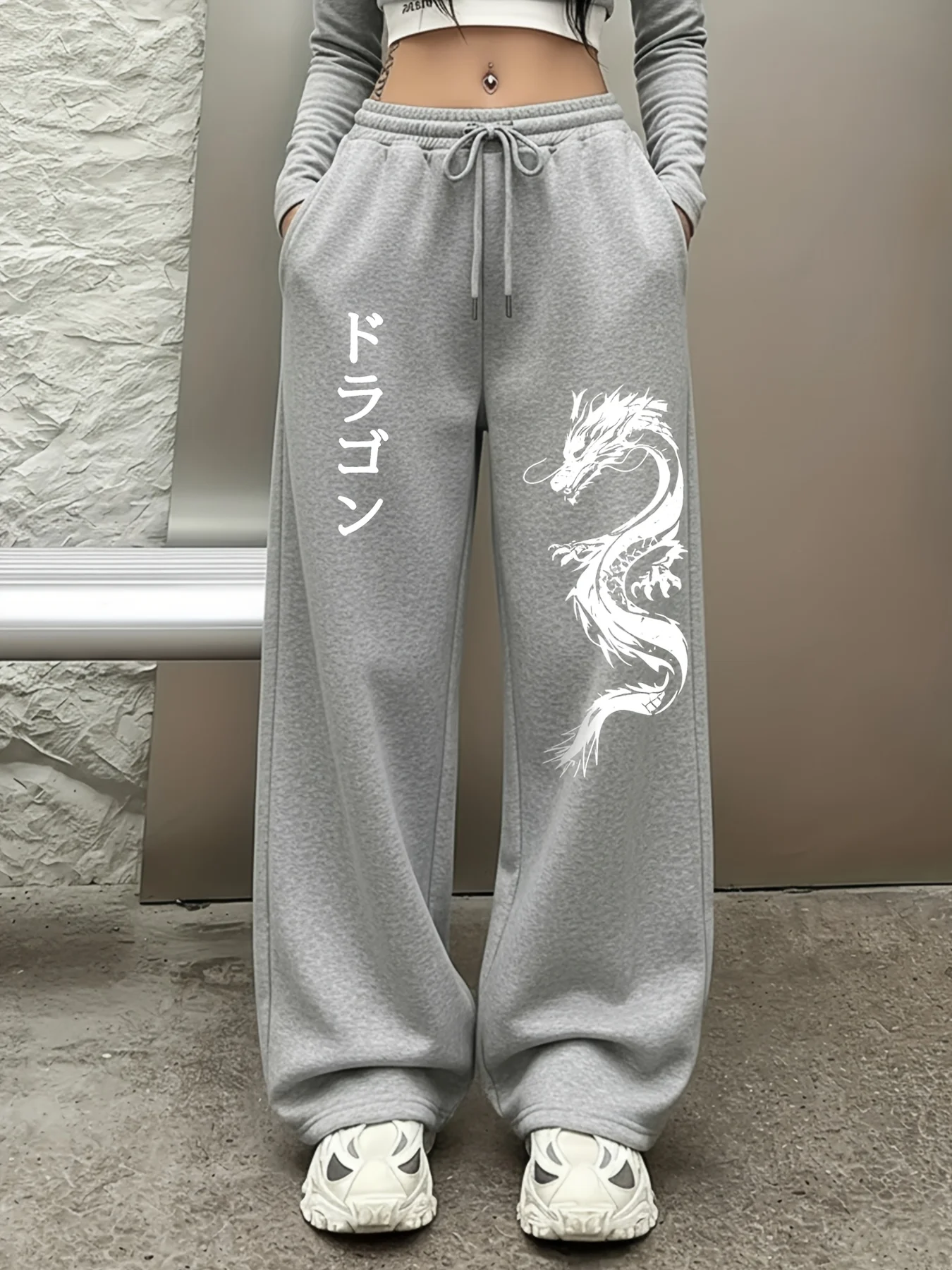 Women's Street Style Casual Sweatpants with Dragon Print  Arrivals for Spring Fleece Loose Fit Streetwear Oversized