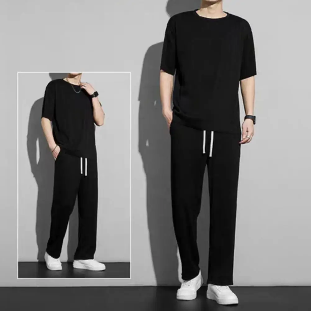 

Short-sleeve Top Pants Set Men's Summer Casual Outfit Set O-neck Short Sleeve T-shirt Wide Leg Pants with for Everyday