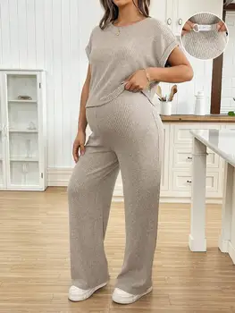 Ribbed Maternity Two Piece Set Casual Knit Top And Pants Comfortable Lounge Wear