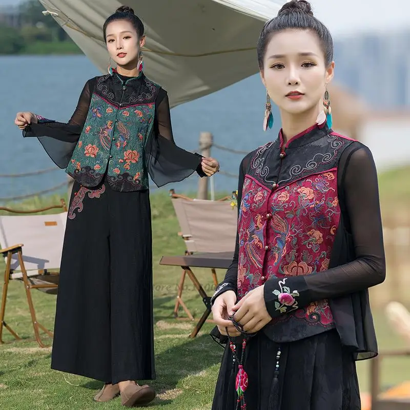 

2024 ethnic gilet national flower embroidery women traditional vintage waistcoat chinese style tang suit oriental patchwork vest