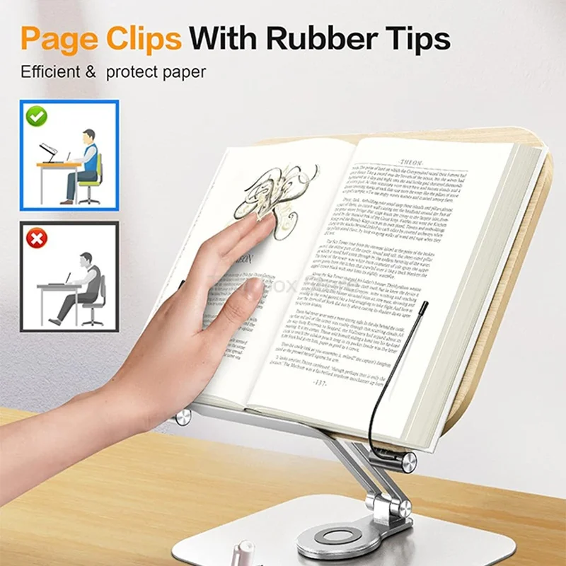 Wood Reading Stand Adjustable Desktop Bookshelf with 360 Rotating Base Foldable Laptop Stand Small Table with Book Holder