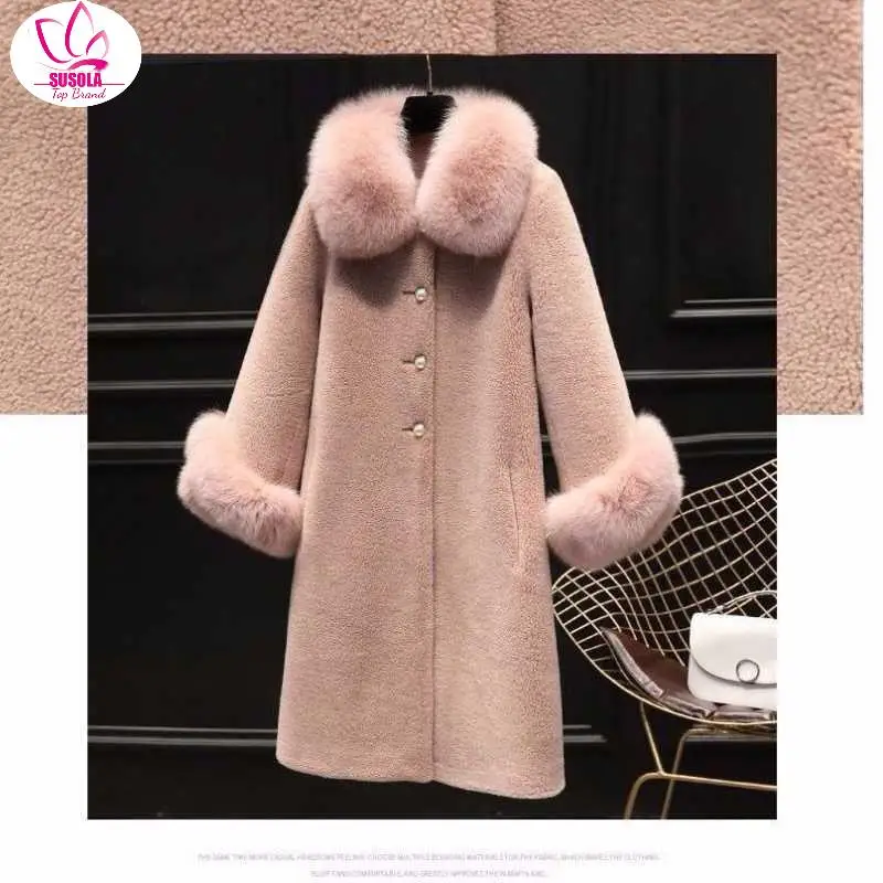 

SUSOLA Autumn Luxury fake Fox Fur Collar Women Jacket Real Wool Fur Coats Long Warm Sheep Shearling Winter Coat Jacket