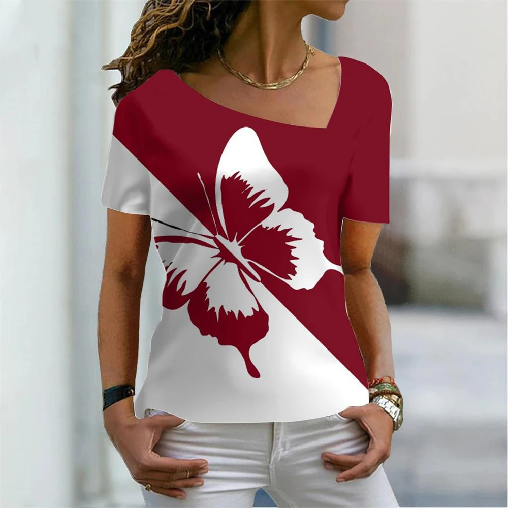 

Novel Two-tone Paneled Printed Women's T-shirt Fashion Short Sleeve V-neck Top Simple Hot Sale Oversized Y2k Clothes Women Tee