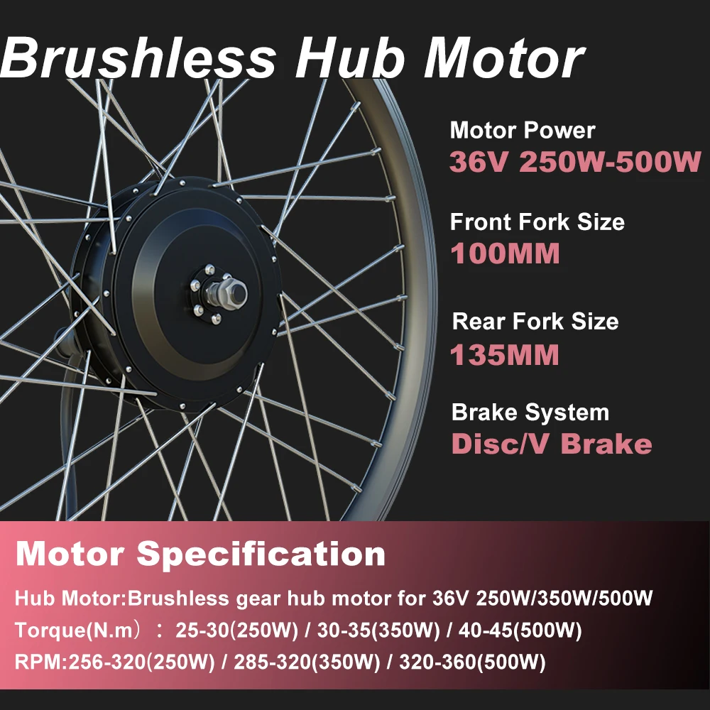 Ruota motore bici elettrica 20 "24" 26 "27,5 "28" 29 "700C 36V 250W 350W 500W Ruota motore mozzo ingranaggi senza spazzole V/freno a disco - immagine 2