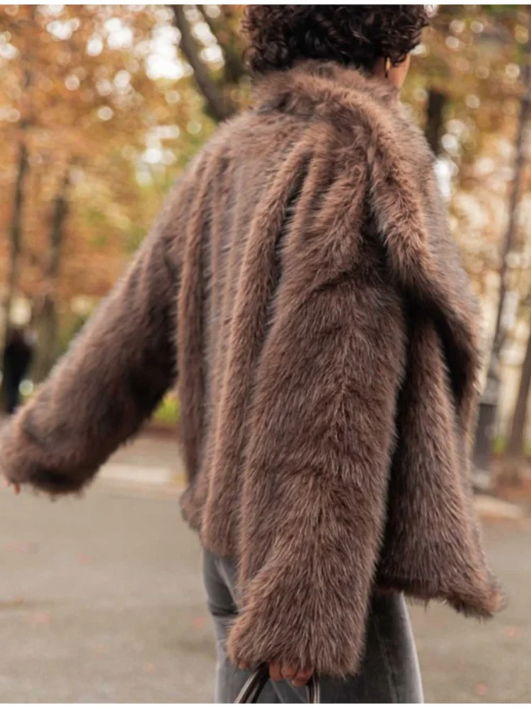 Lapel Brown Women Short Faux Fur Coat Luxurious Fluffy Long Sleeve Warm Jacket 2024 Autumn Winter Lady Solid High Street Outwear 5