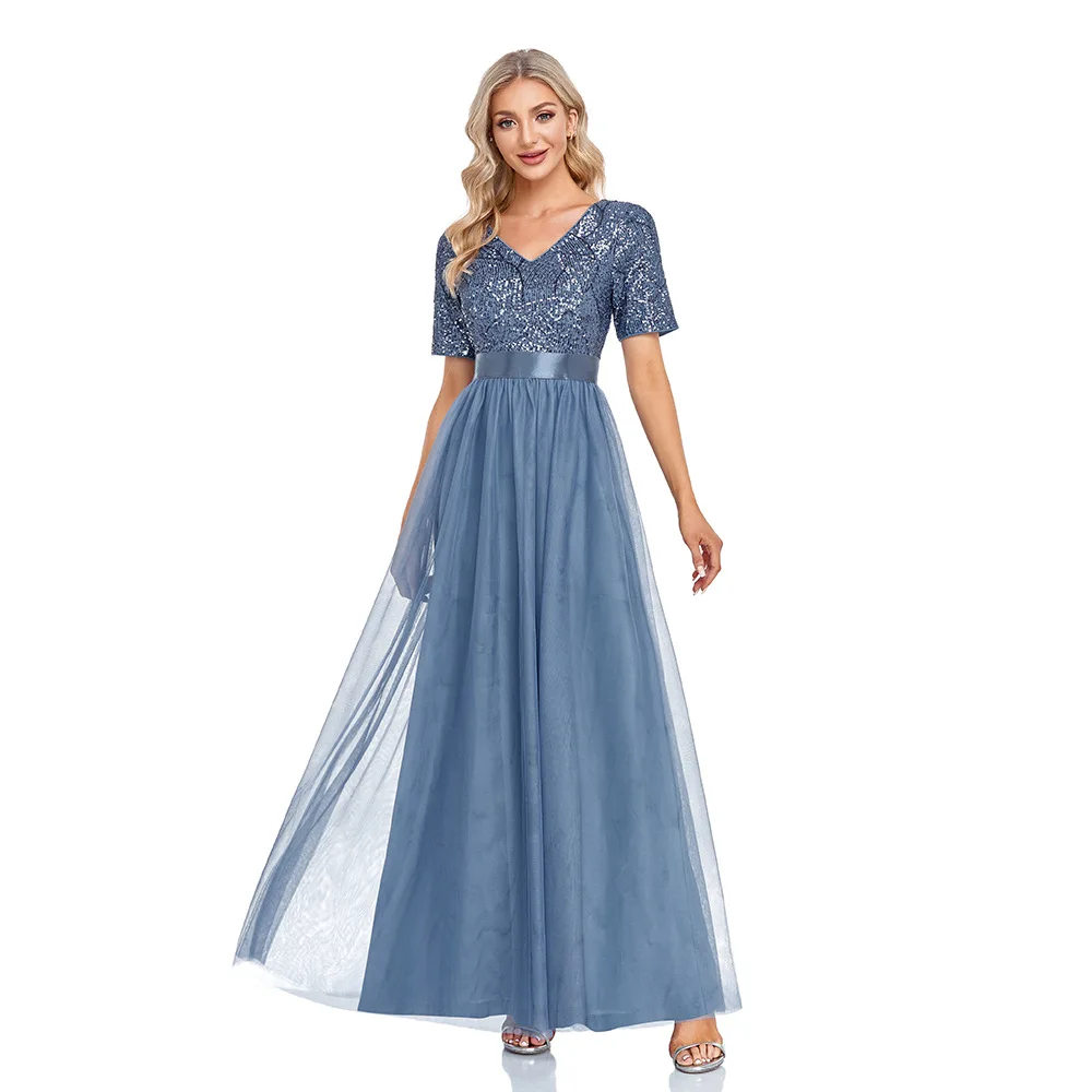 

European and American New V-neck Short Sleeve Sequin Tulle A-line Floor Elegant Prom Evening Dress Fashion Party Plus-size Dress