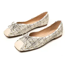 

2021 Spring Bow Light Diamond Pumps Flat Bottom Low-Cut Rhinestone Scoop Shoes Net Red Soft Bottom Wanwan Style Shoes