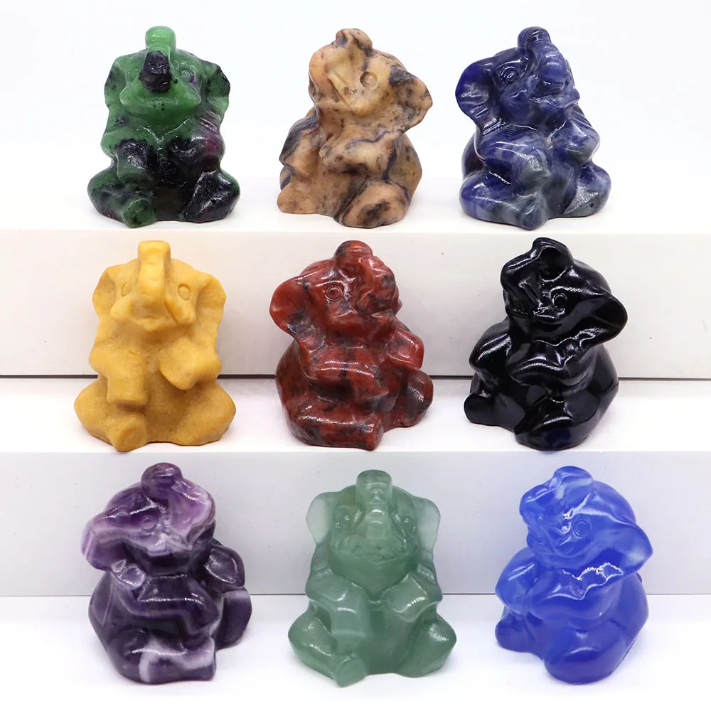 35mm Elephant Statue Natural Crystal Carving Animal Figurine Green Aventurine Rose Quartz Feng Shui Stone Crafts Home Decor Gift Animal Figurine