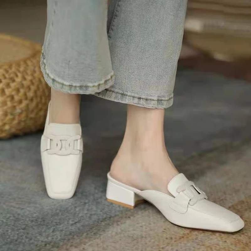 Women's Slippers Summer New Leather Low Heel Square Head Home Half Drag Casual Fashion Comfortable Height Sandals — view 4