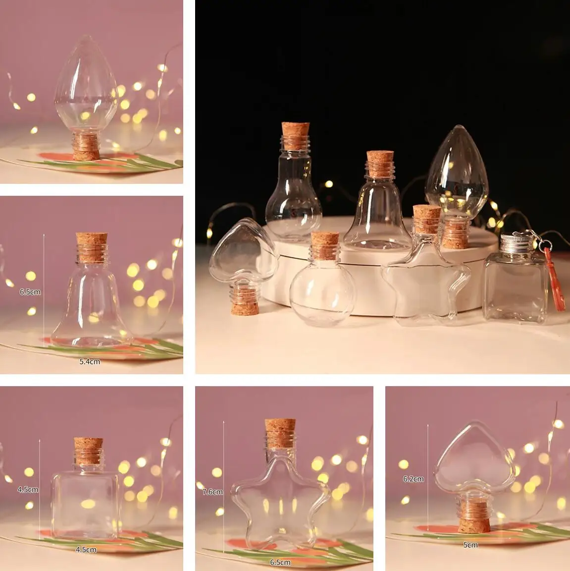 1/2X Heart/Square/Star/Ball/lamp bulb Plastic Bottle With Cork Stopper Message Bottles Jars Vials Gift Art DIY Craft Home Decor 5