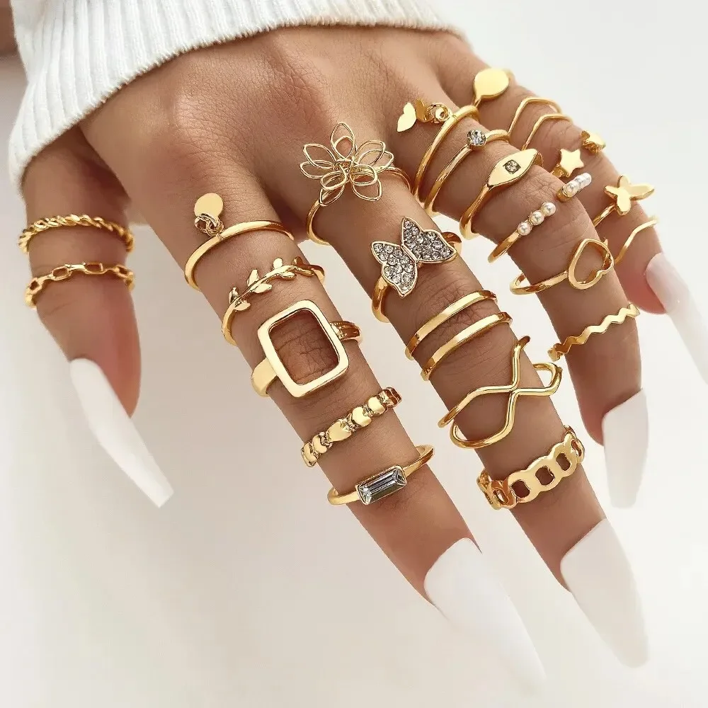 12 Pcs Gold Color Heart Rings Set For Women Fashion Cubic Zircon Star Geometric Finger Rings Female Simple Trendy Jewelry Gifts