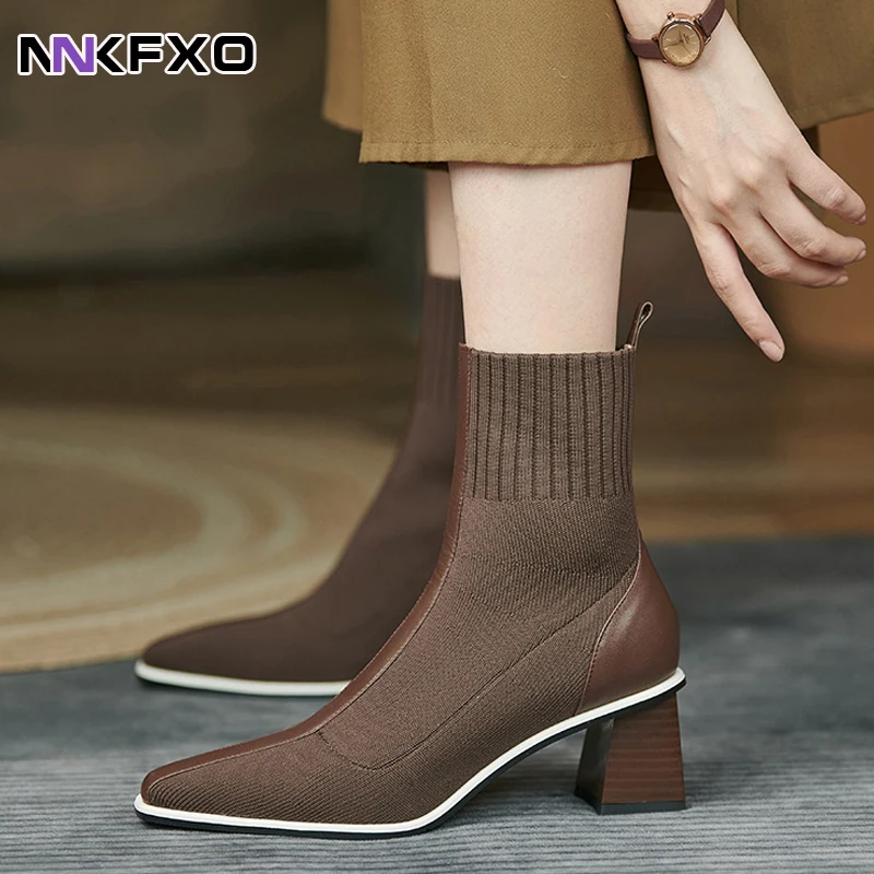 Fashion Sock Boots For Woman Pointed Toe Knitting Ankle Boots Elastic