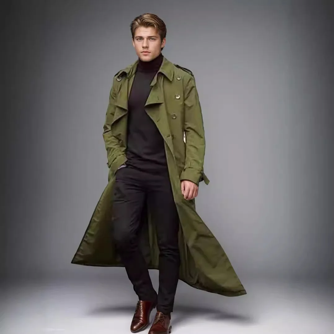 Men Trench Turn Down Collar Long Coat Button Jackets Full Sleeve
