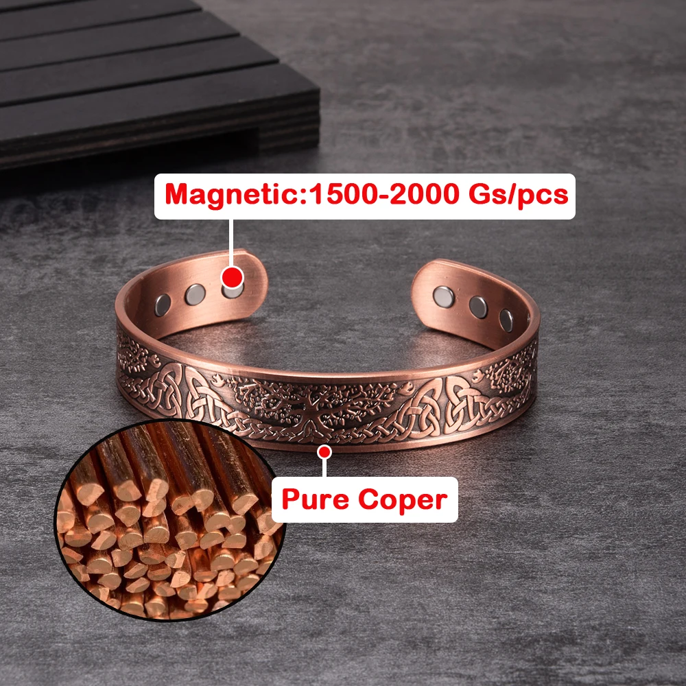 Pure Copper Bracelet Yggdrasil Vintage Knot Magnetic Therapy 15mm Adjustable High Magnets Bangles Resizable Jewelry Men