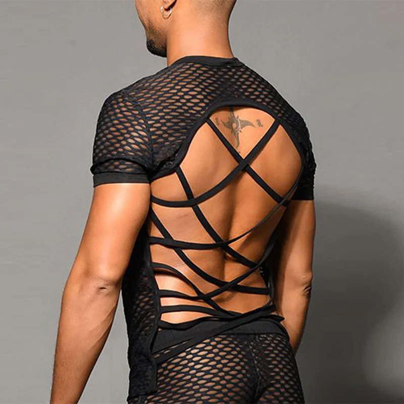 Men Outfit Set Mesh Backless Tight Tops and Shorts Two Piece Set Sexy Nightclub Perspective Short Sets Ropa Para Hombre incerun 2023 american style men s sets vacation hollowed mesh short sleeved shirt shorts casual see through two piece sets s 5xl