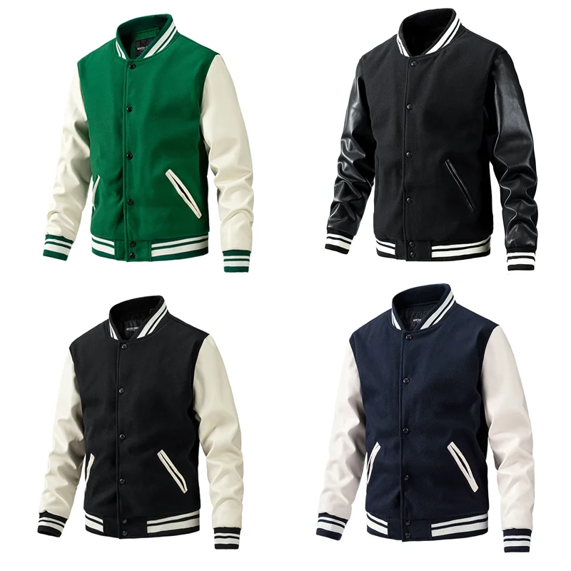 High Level Men Women PU Leather Sleeve College Baseball Jacket Letterman Wool Varsity Coat Green Grey Navy Blue Black jordan 1 mid college grey 554724 082