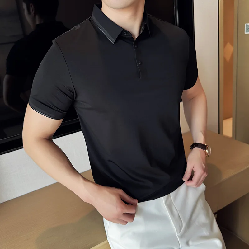 

High Elastic Summer Black Polo Shirts For Men Quality Non Marking Adhesive Short Sleeve Mens Casual T-Shirt Slim Fit Drape Polos