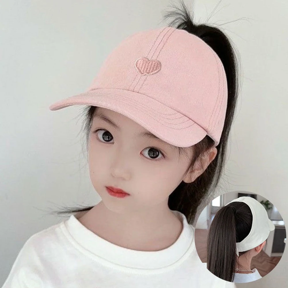 Fashion Kids High Ponytail Baseball Cap Heart Printed Travel Caps Summer Sun Visor Caps For Girls Boys Adjustable Hip Hop Hats