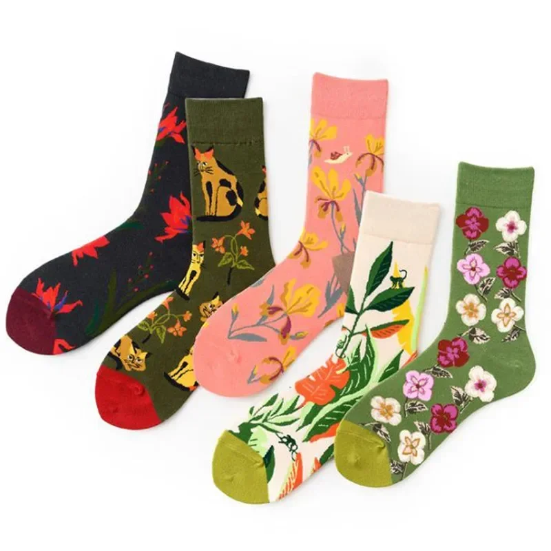 

Women Funny Happy Cotton Warm Socks Lady Autumn Winter Floral Thick Middle Tube Socks For Women