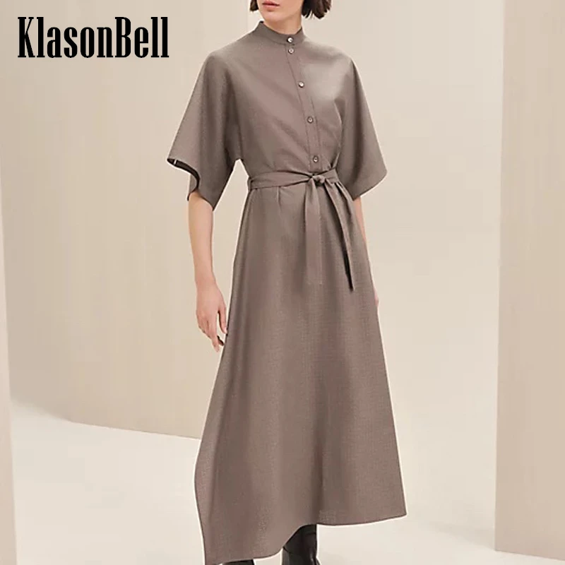 

5,13 KlasonBell модное женское платье из жаккарда 100% шелка с воротником-стойкой женское асимметричное платье с бантом и высоким разрезом