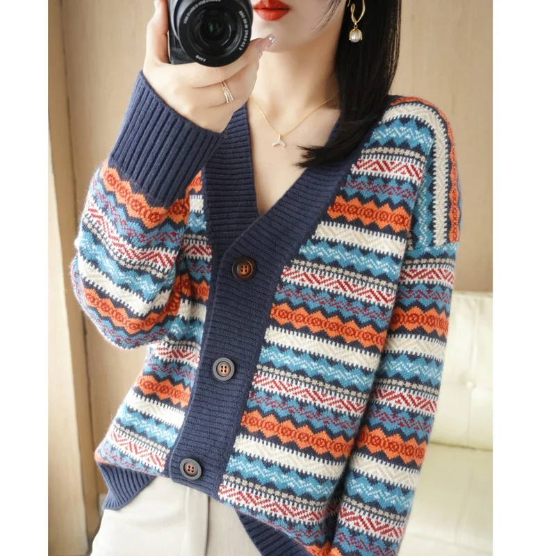 Thickened Striped Long-Sleeved Knitted Cardigan Women's Short Coat