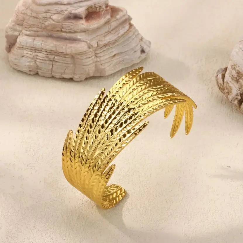 Geometric Bold Feather Cuff Bracelet For Women Gold Color Stainless Steel