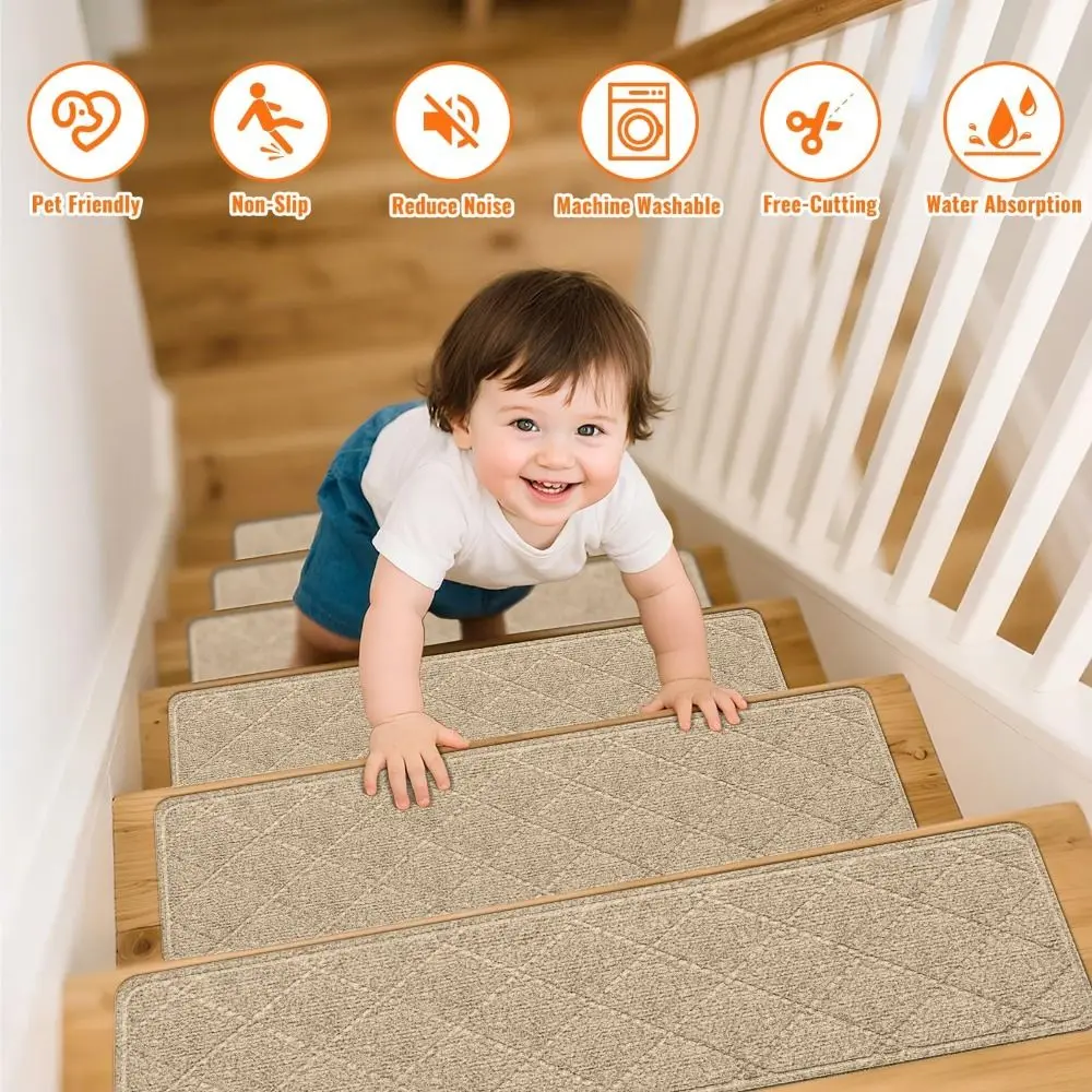 1pc Home Deco Non-Slip Stair Treads 8x30 Inch Washable Stair Mats Self-adhesive TPR Backing Carpet for Most Steps