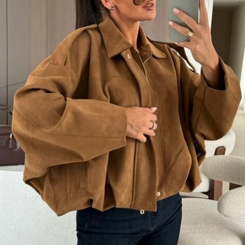 Women’s Oversized Suede-Feel Bomber Jacket with Drop Shoulders - Front View
