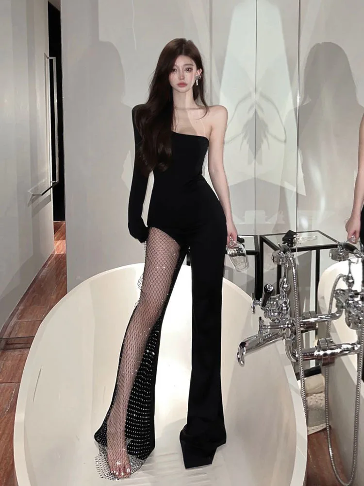 

Summer Women'S Bodycon Flared Jumpsuit Sexy One-Shoulder Long-Sleeved Mesh Diamond Patchwork Party Jumpsuit