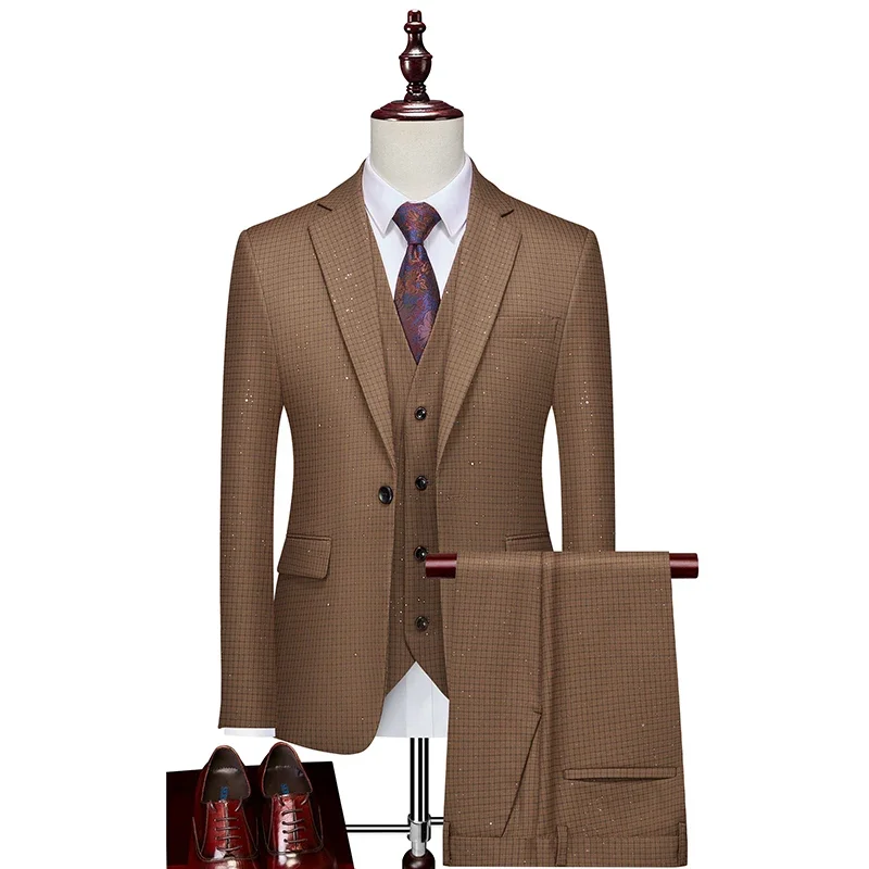 (Blazer+ Vest + Trousers)New men's jacquard sets three-piece wedding business banquet casual simple Slim fashion elegant suits