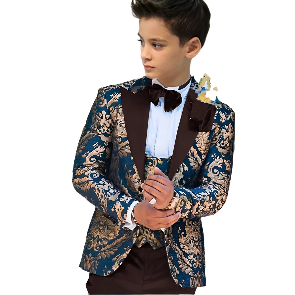 Gold-stamped Navy blue Boy Suit 3-piece Set High quality Kids Wedding Tuxedo Top Custom Jacket 2-16 Years Old Suit Boy - Image 3