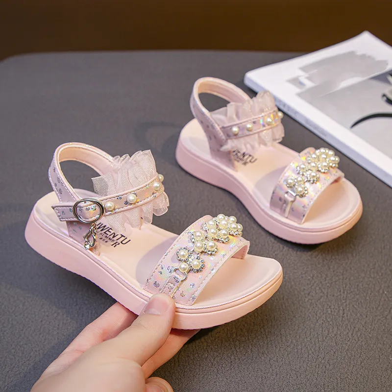 

Girls Summer Flat Sandals Rhinestone Beading Lace Open Toe Beach Shoes Princess Kids Soft Sole School Bohemian Sandalias #26-37