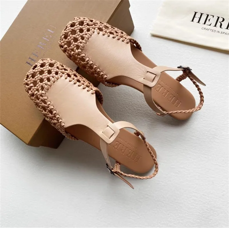 

Genuine Leather French Vintage Flat Bottomed Mary Jane Woven Sandals Women's Summer Roman Single Shoes Spanish Niche Brand New
