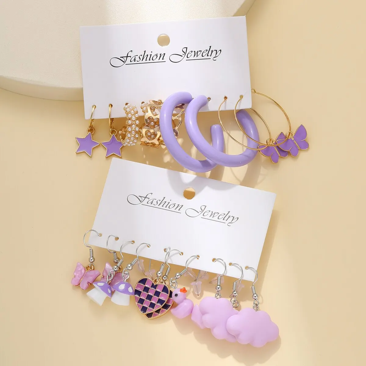 S51d5ba16021c4a398acc8b19b83355e1l 10pcs Set of Ladies Earrings Purple Pentagram Creative Pearl Duck Mushroom Cartoon Earrings Mallzona