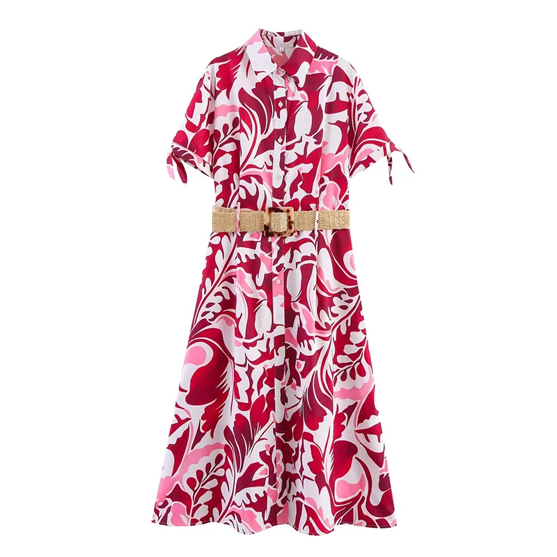 2025 Elegant Casual Chic Women Dress Fashion Print Sashes Bow Sleeve Midi Dress New Fashion Summer Holiday Office Dress