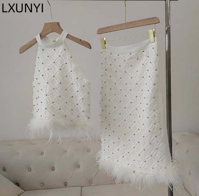 

LXUNYI Fashion Summer Ladies Two Piece Set Skirt Woman Temperament Plaid Diamond Feather Halter Top Pencli Skirts Elegant Suit