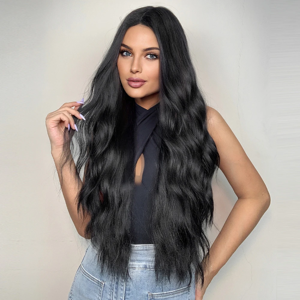 Black Wave Wigs for Women Long Natural Curly Wig Middle Part Synthetic Wig Heat Resistant Hair Daily Party Use_voghion.com
