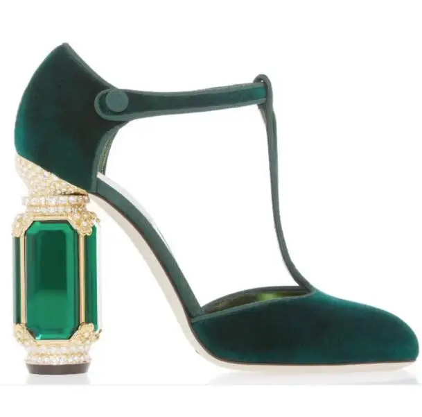 

Green Burgundy Velvet T Strap Round Toe Gemstone Heels Single Shoes Women Crystal Rhinestone Cover Heel Hollow Party Pumps