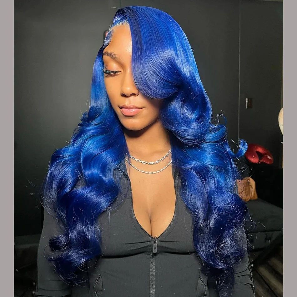 250 Density Navy Blue 13x6 Hd Lace Body Wave Human Hair Wigs Brazilian Blue Colored Transparent Lace Front Wigs For Women 13x4