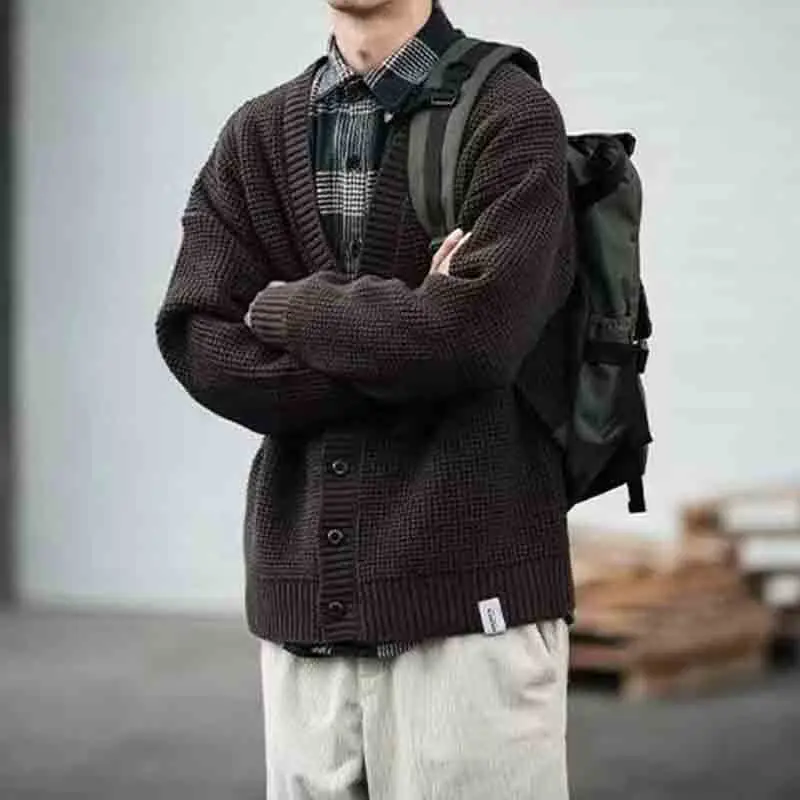 Korean Loose Vintage V-Neck Cardigan Sweater Men Spring Autumn New Solid Patchwork Button Pocket Knitted Jacket Long Sleeved Top