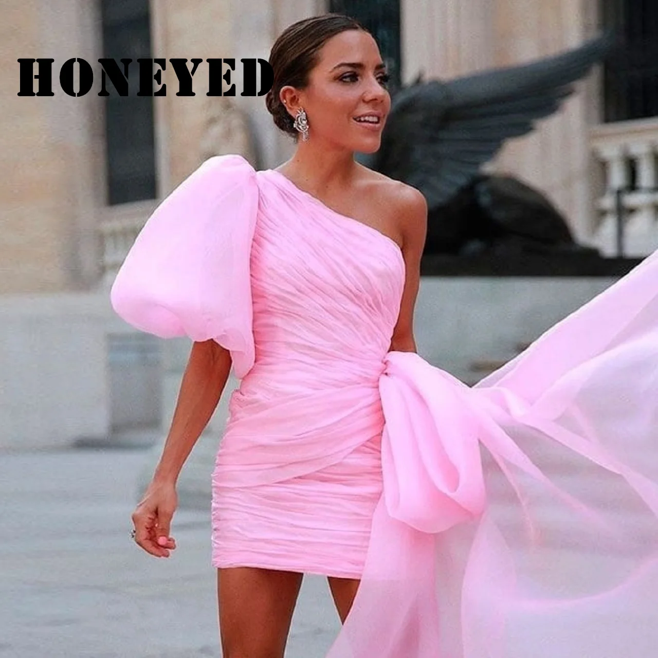 

Honeyed Pink Bow short Fashion Formal Occasion Dresses 2023 Women Mini Skirt Sexy Card Shoulder Tulle Prom Can be Customized