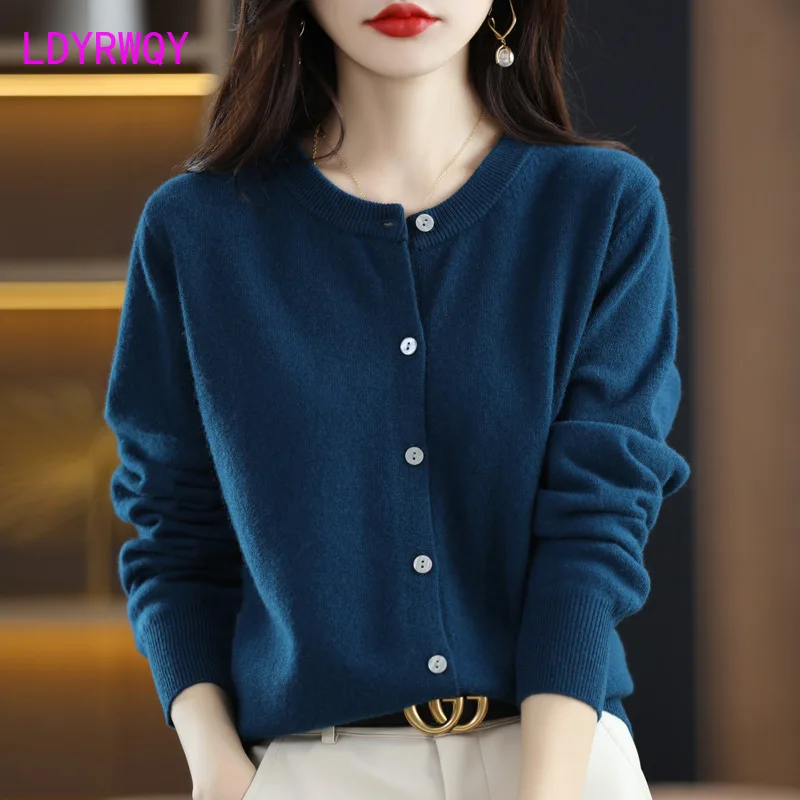

2023 New Knitted Cardigan Early Spring Round Neck Sweater Women's Long Sleeve Solid Color Versatile Coat Women's Wear