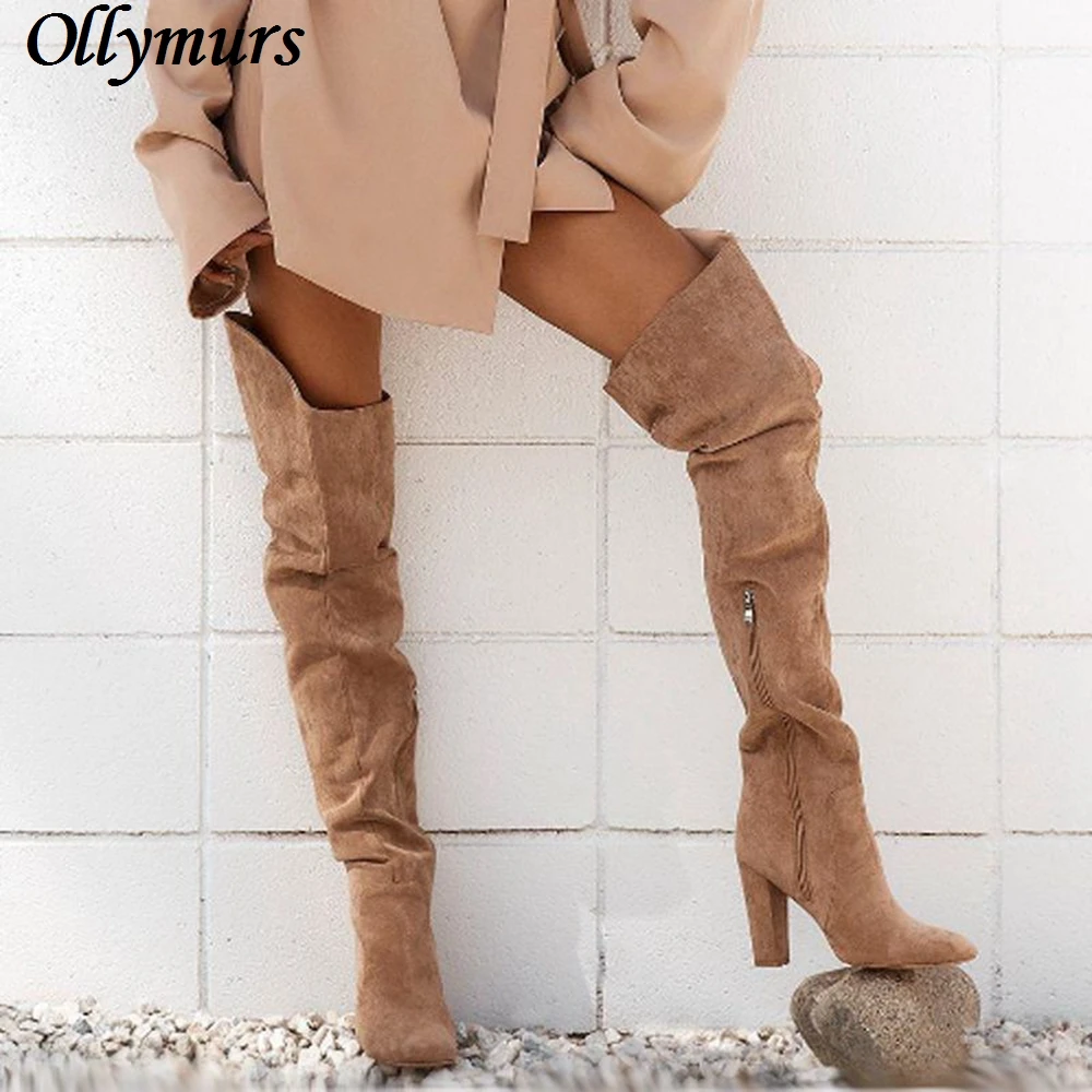 

Suede Coarse Heel Square Toe Frosted Western Boots plus size over the knee high thigh high boots women shoes