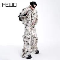 FEWQ 2024 Winter New Men Two-piece Niche Fur Plush Long Sleeved Coats Large Pocket Decoration Casual Trousers Men's Suit 24E5008 1