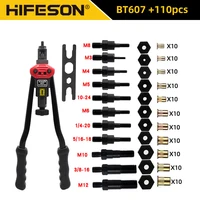 BT-607 Hand Threaded Rivet Nuts Tool Riveter with 110pcs Rivet Nuts M3 M4 M5 M6 M8 M10 M12 1/4 10-24 5/16 3/8 Rivnut Rivet Tool 1