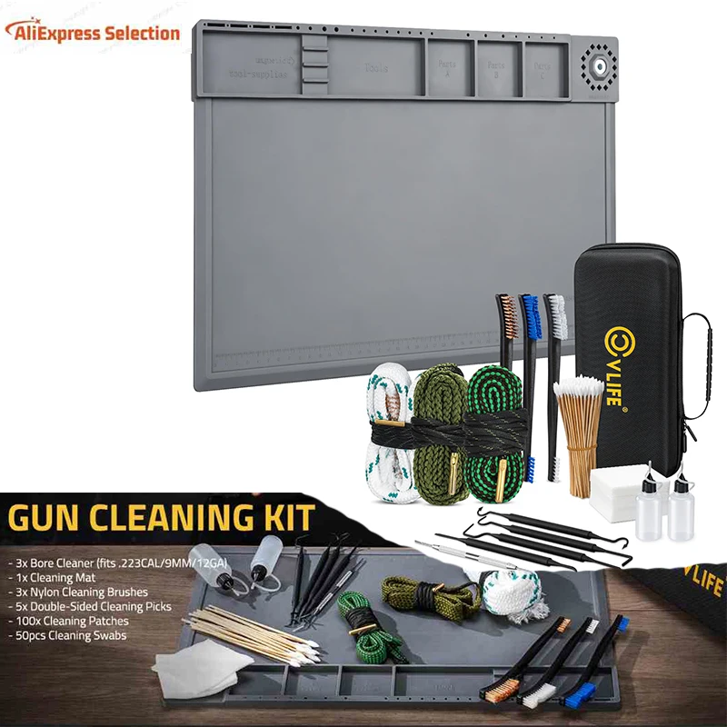 Gun Cleaning Mat Kit Bore Cleaner Set For 223 5.56/9mm/12Ga Supplies Patches Cleaner Swabs Gun Brushes Needle Oil Applicator Mag