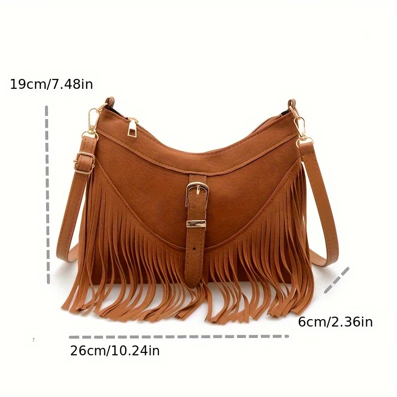 Women'S Vintage Tassel Suede Crossbody Bag, Adjustable Strap, Zipper Closure, Detachable Strap, Synthetic Shoulder Bag, Purses